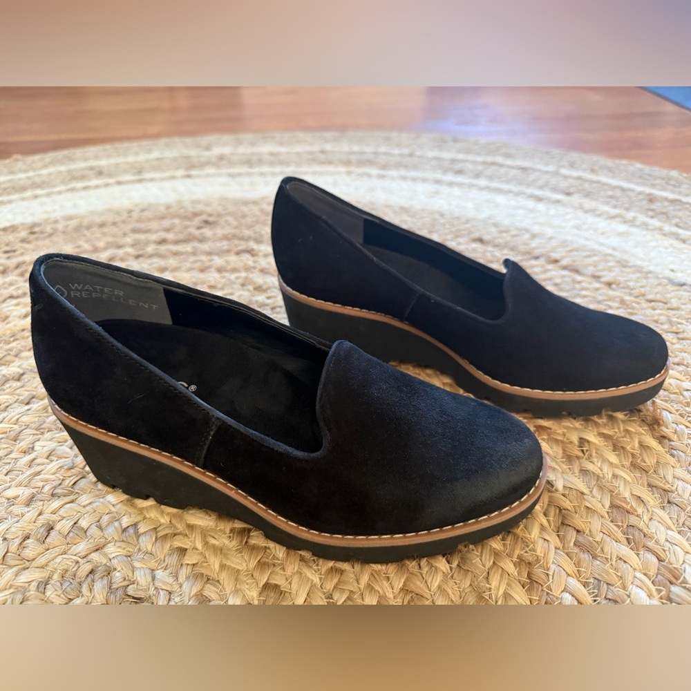 Vionic Willa Wedge Black Suede Elevated Style Quiet Luxury Minimalist Classic